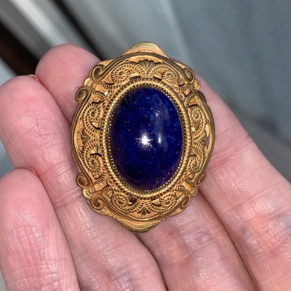 Vintage Miriam Haskell Gold Lapis glass Brooch